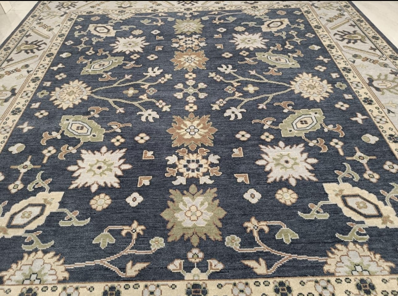 Luxury Hand-Knotted Oushak Rug – Deep Blue Turkish Wool Carpet with Floral Design
