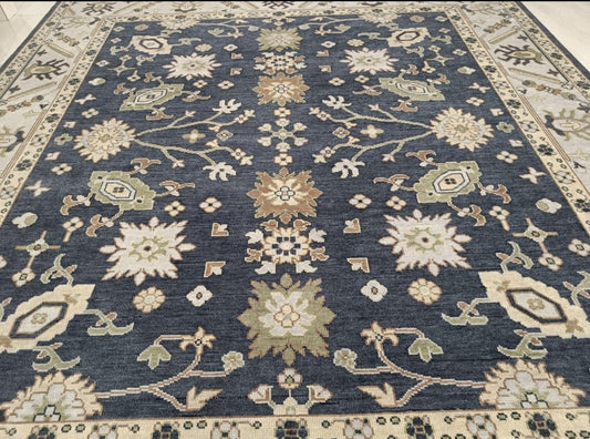 Luxury Hand-Knotted Oushak Rug – Deep Blue Turkish Wool Carpet with Floral Design