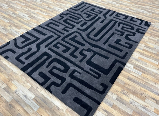 Modern Geometric Black and Grey Hand-Tufted Wool Rug | Soft Abstract Maze Pattern Carpet for Living Room & Bedroom Décor