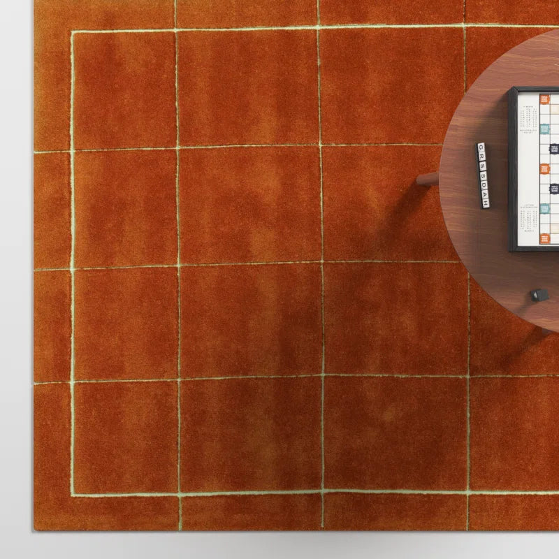 Artisan Hand-Tufted Terracotta Wool Rug | Grid and Border Design for a Warm, Modern Feel