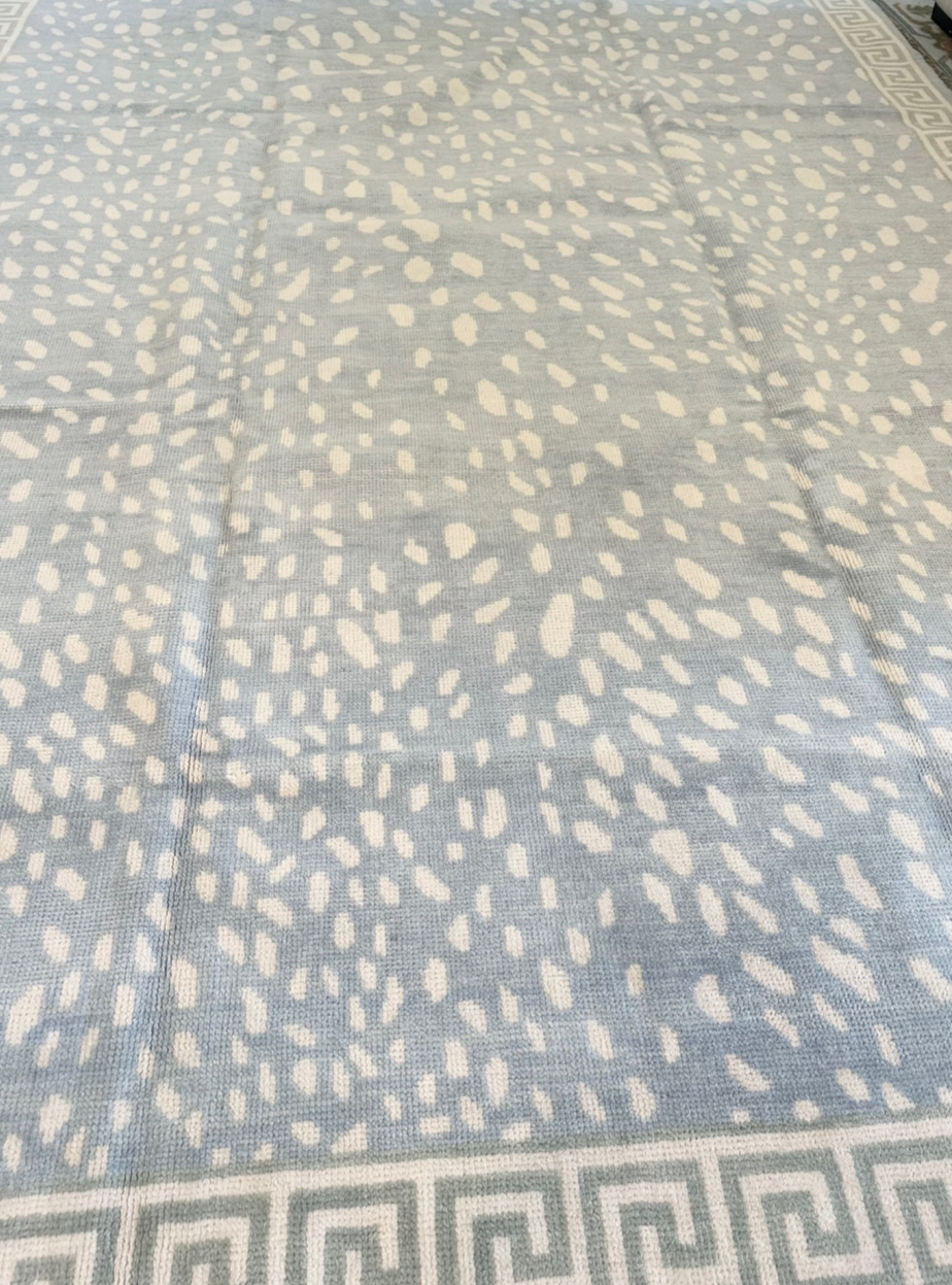 Hand Knotted Oushak Rug – Blue Modern Antelope Pattern with Greek Key Border | Luxury Wool Area Carpet