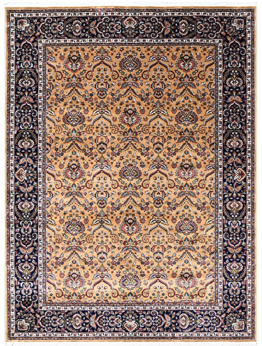 Luxury Persian Silk Area Rug – Golden Sand Floral Palace Design with Navy Border, Soft Shiny Finish, Premium Elegant Carpet for Living Room & Bedroom