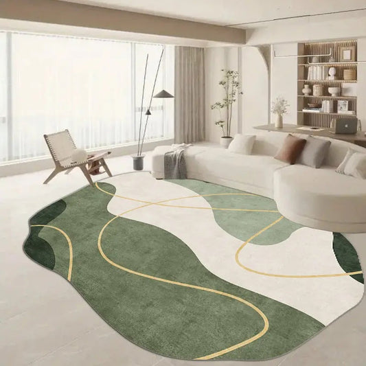 Modern Abstract Green Area Rug for Living Room | Irregular Shape Carpet with Minimalist Design | Soft Floor Mat for Bedroom & Home Décor