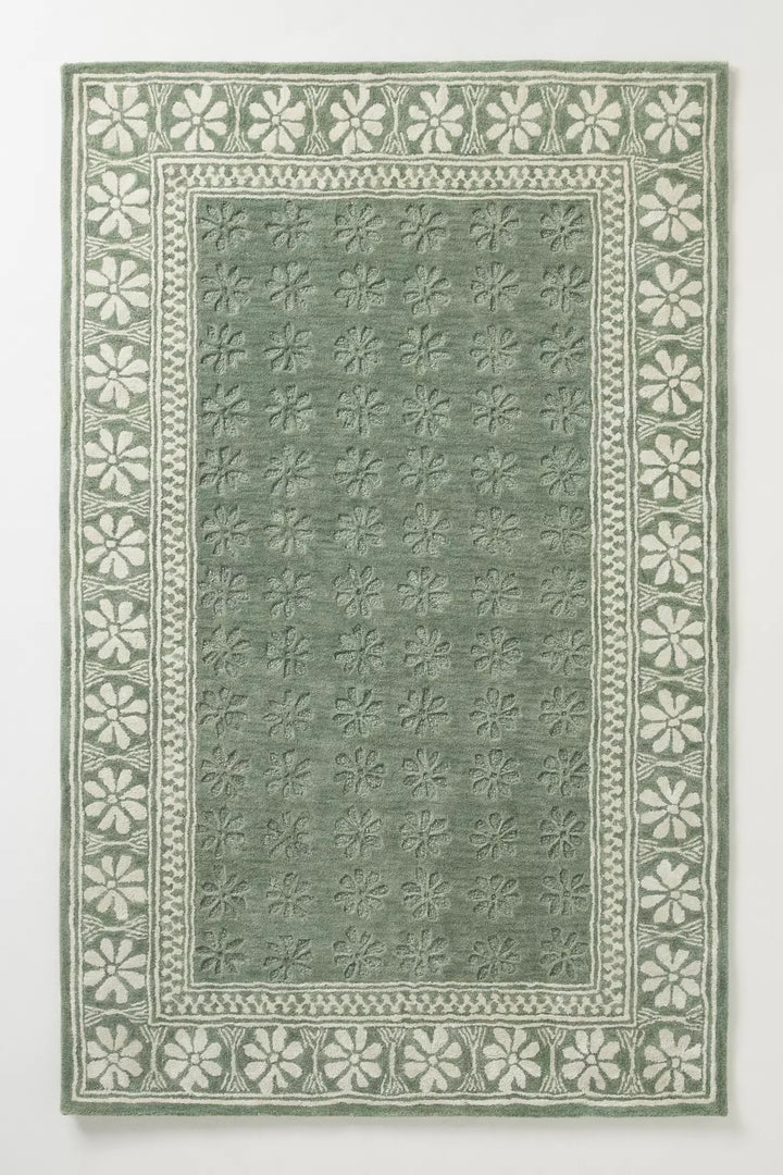 Sage Green Hand Tufted Wool Rug, Floral Border Area Rug, Handmade Modern Botanical Carpet, Luxury Living Room Rug, Bedroom Rug, Custom Size Rug, Contemporary Home Decor