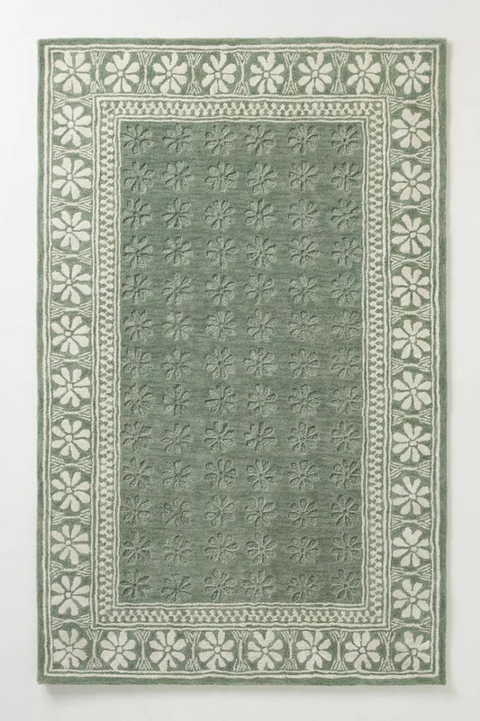 Sage Green Hand Tufted Wool Rug, Floral Border Area Rug, Handmade Modern Botanical Carpet, Luxury Living Room Rug, Bedroom Rug, Custom Size Rug, Contemporary Home Decor