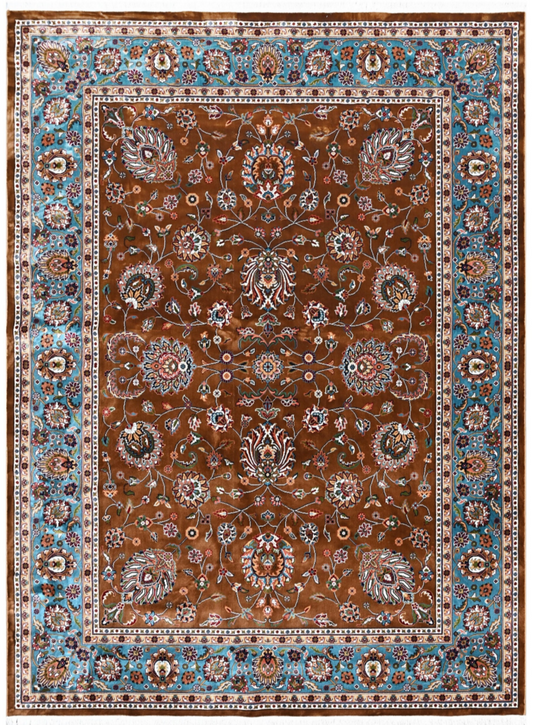 Luxury Persian Silk Area Rug – Traditional Floral Design with Rich Brown & Turquoise Tones