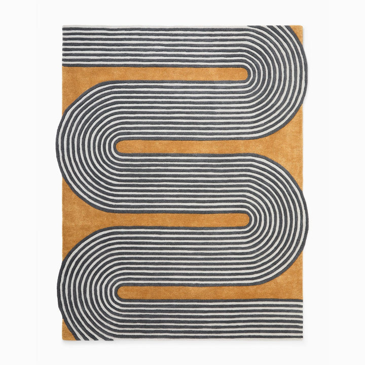Modern Hand Tufted Wool Area Rug – Abstract Geometric Striped Carpet in Mustard Gold, Charcoal & Ivory | Contemporary Living Room, Bedroom & Office Decor | Custom Size Rug