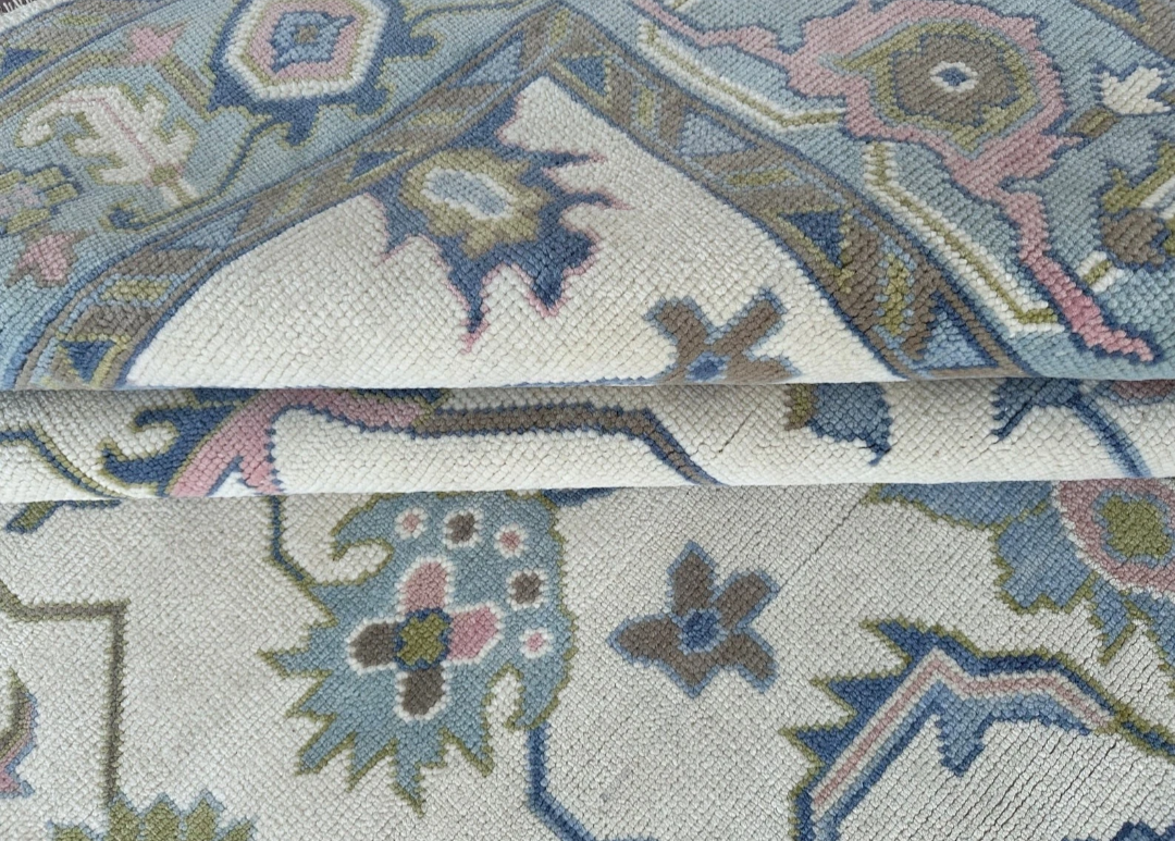 Hand Knotted Oushak Rug – Ivory Turkish Wool Area Rug with Soft Pastel Motifs