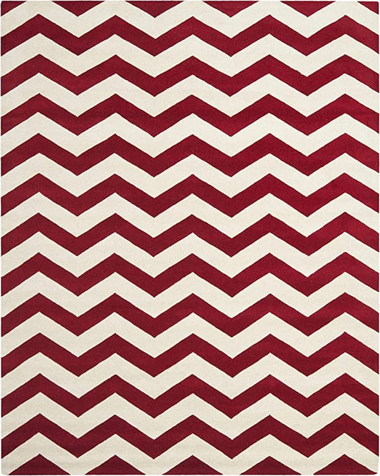 Red & White Chevron Pattern Wool Rug – Modern Hand-Tufted Area Carpet for Living Room, Bedroom & Home Decor