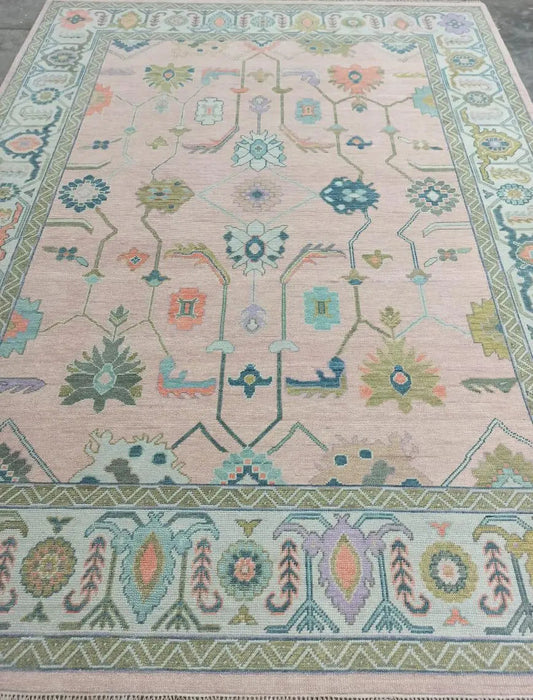 Hand Knotted Oushak Rug | Vintage Turkish Style Area Carpet | Soft Pastel Oriental Wool Rug | Boho Living Room Decor | Handmade Oushak Carpet