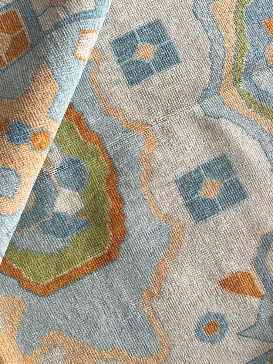 Hand Knotted Oushak Rug – Pastel Blue Turkish Wool Vintage Medallion Area Carpet