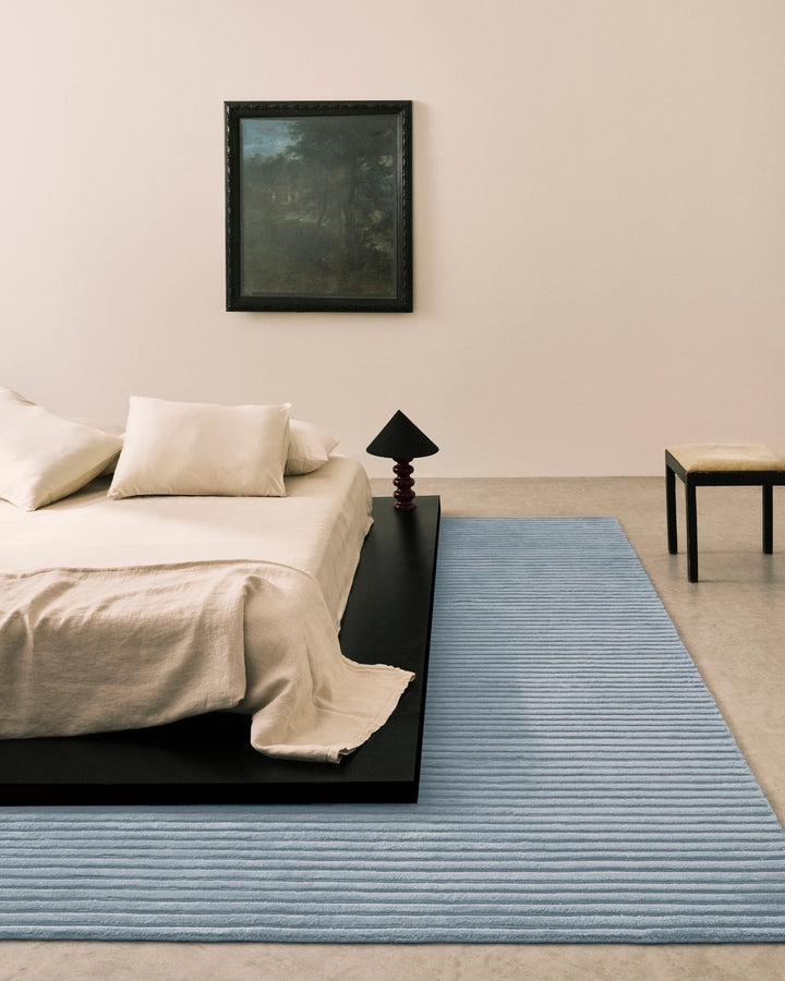 Handmade Light Blue Striped Modern Area Rug – Luxury Wool Carpet for Living Room, Bedroom & Contemporary Home Décor