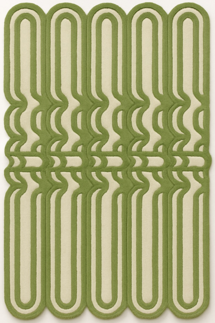 Modern Geometric Green & Cream Hand-Tufted Rug – Abstract 3D Optical Illusion Carpet for Living Room & Bedroom Decor