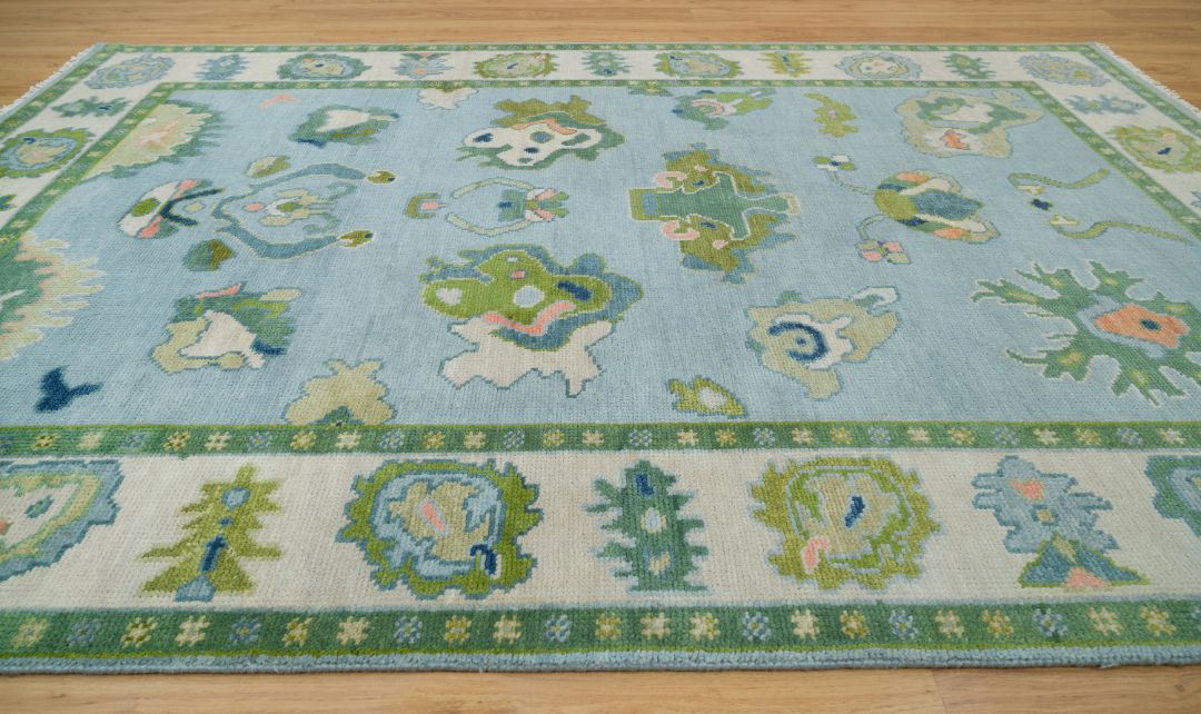 Blue Green Handknotted Oushak Rug | Turkish Wool Oriental Carpet | Vintage Style Soft Pastel Area Rug for Living Room & Bedroom