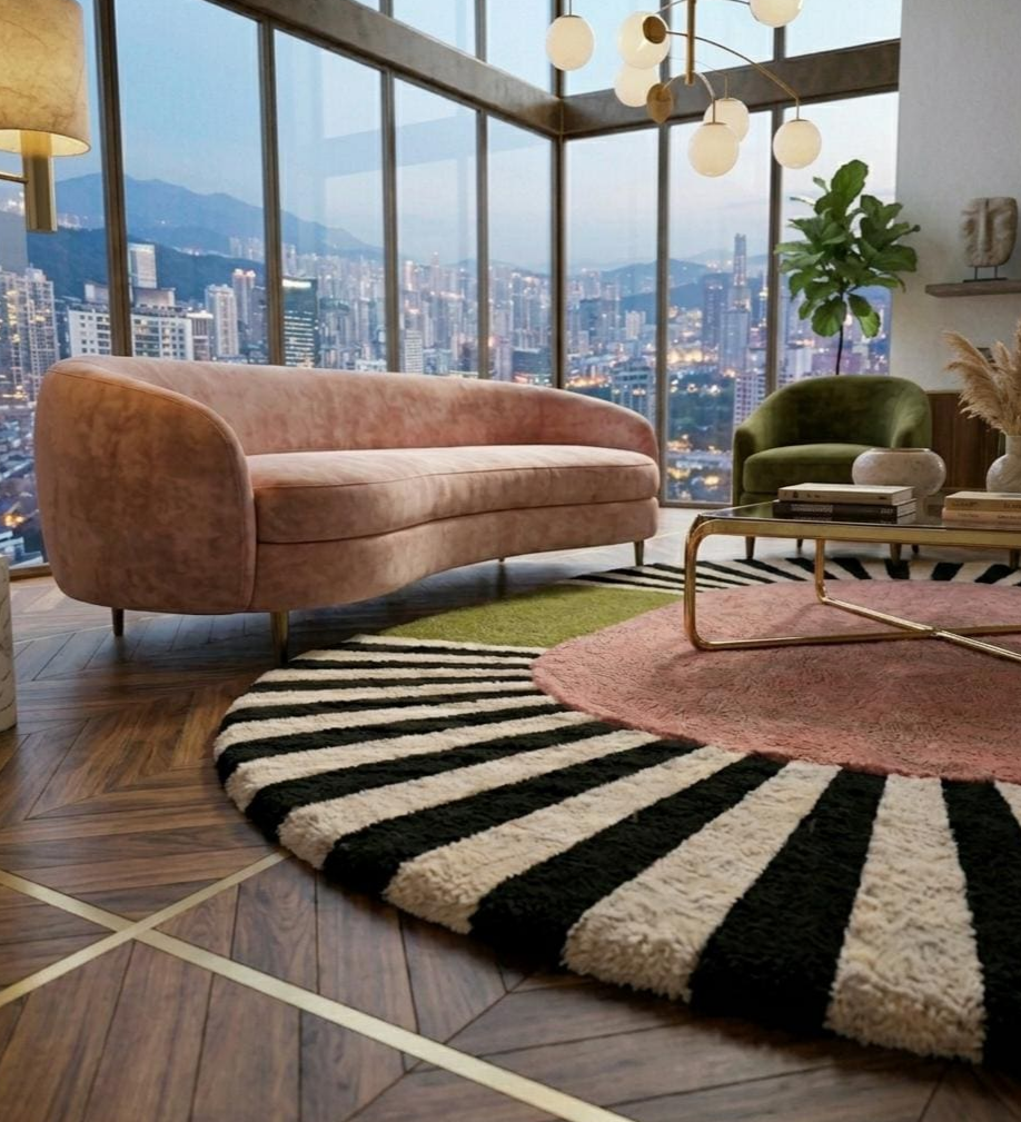 Hand Tufted Abstract Area Rug, Modern Geometric Pink Green Rug, Black White Sunburst Statement Carpet, Contemporary Living Room Decor
