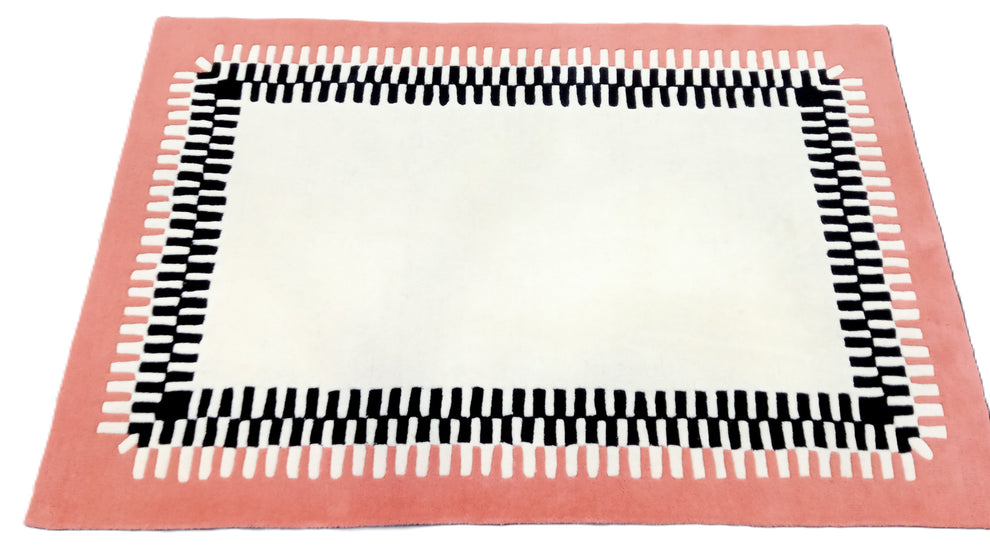 Pink Border Area Rug with Black and White Geometric Frame – Modern Hand-Tufted Wool Carpet for Living Room, Bedroom & Contemporary Home Décor