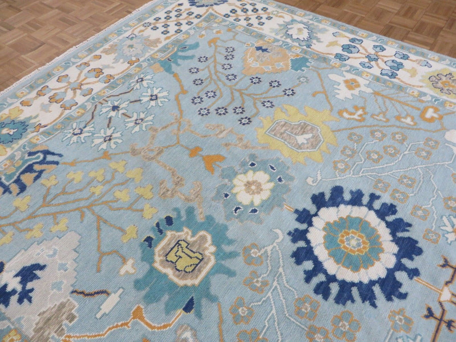 Luxury Hand-Knotted Oushak Rug – Sky Blue Turkish Wool Carpet with Floral Motifs