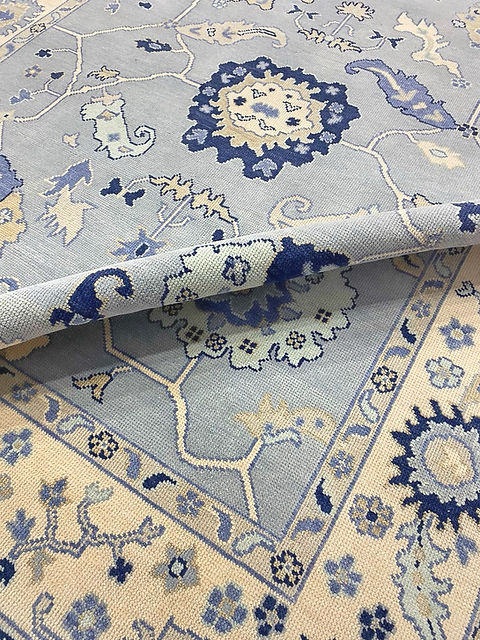 Hand Knotted Oushak Rug – Luxury Turkish Wool Carpet in Soft Blue & Ivory | Traditional Floral Area Rug