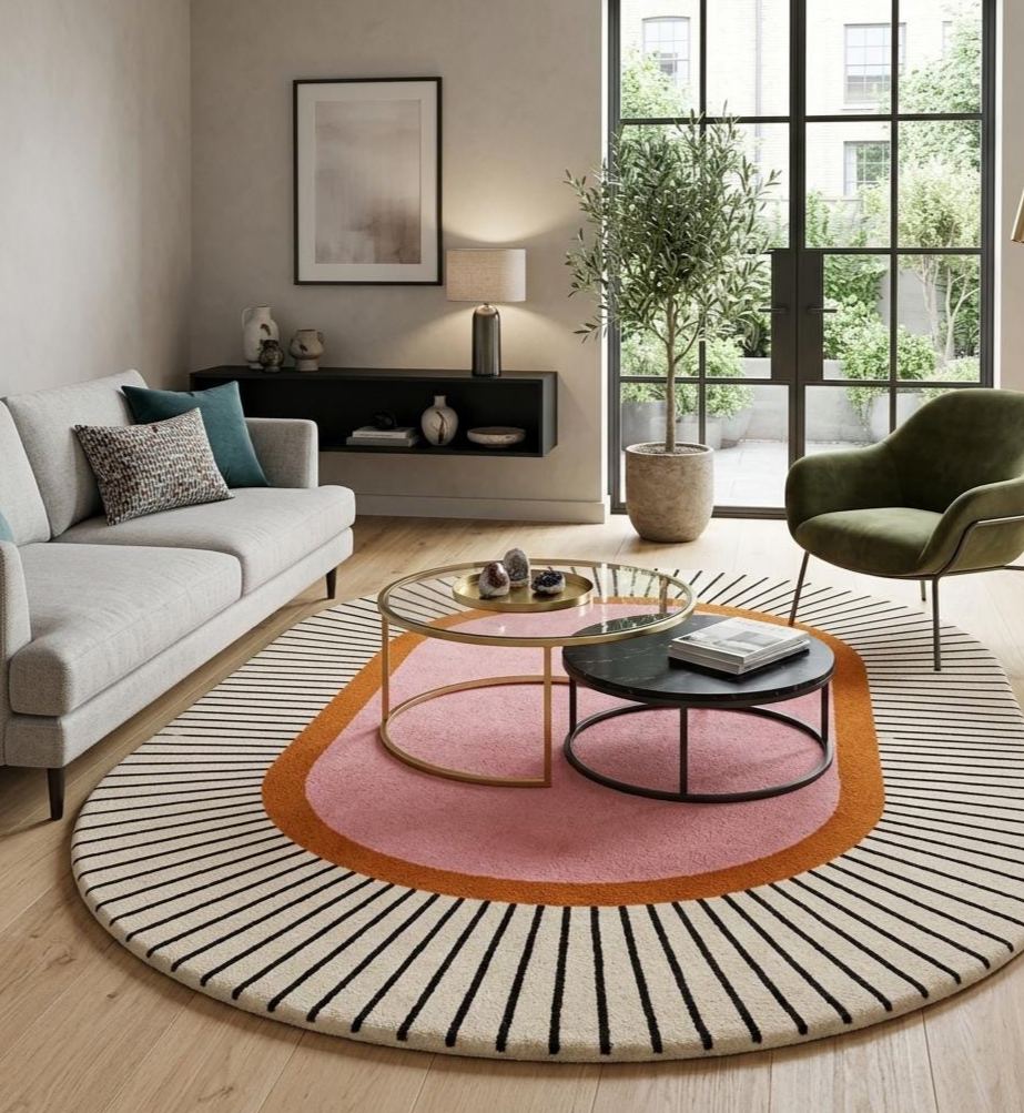 Hand Tufted Modern Sunburst Round Area Rug – Abstract Pink & Ivory Wool Carpet, Contemporary Geometric Designer Rug for Living Room, Bedroom & Nursery Decor