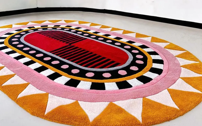 Bold Abstract Geometric Area Rug – Hand Tufted Pink, Red, Black & Mustard Modern Art Carpet for Living Room, Bedroom & Creative Spaces