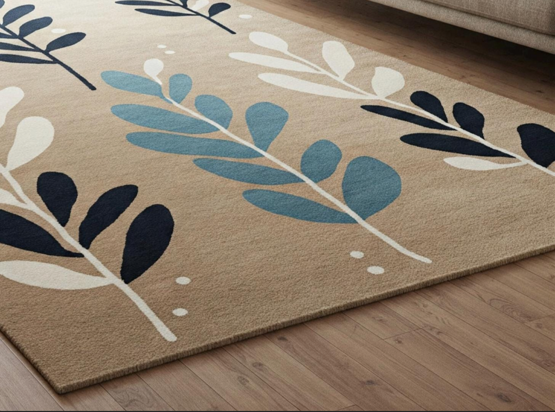 Modern Leaf Pattern Area Rug – Beige and Blue Botanical Carpet for Living Room, Bedroom, or Office Décor