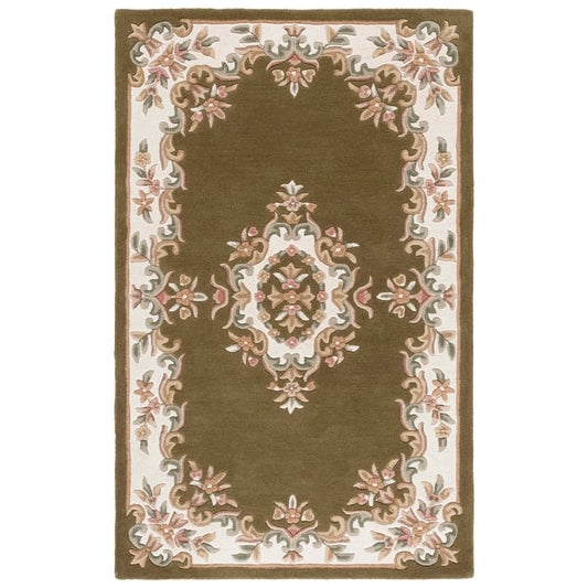Olive Green Wool Area Rug with Vintage Floral Border – Elegant Hand-Tufted Carpet for Living & Dining Rooms