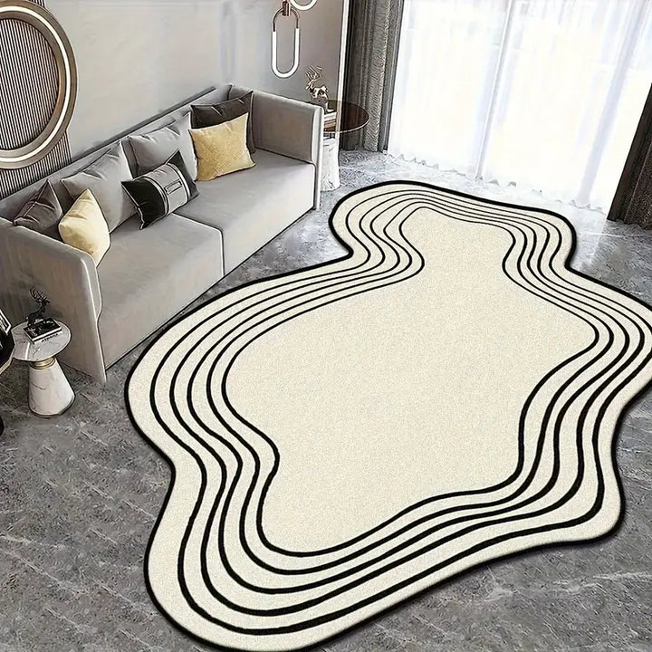 Modern Abstract Wavy Line Rug | Black & White Geometric Area Carpet | Contemporary Minimalist Living Room & Bedroom Floor Decor