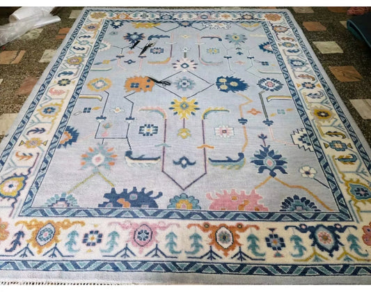 Handknotted Oushak Rug – Vintage Turkish Wool Carpet | Soft Pastel Oriental Area Rug for Living Room & Home Decor