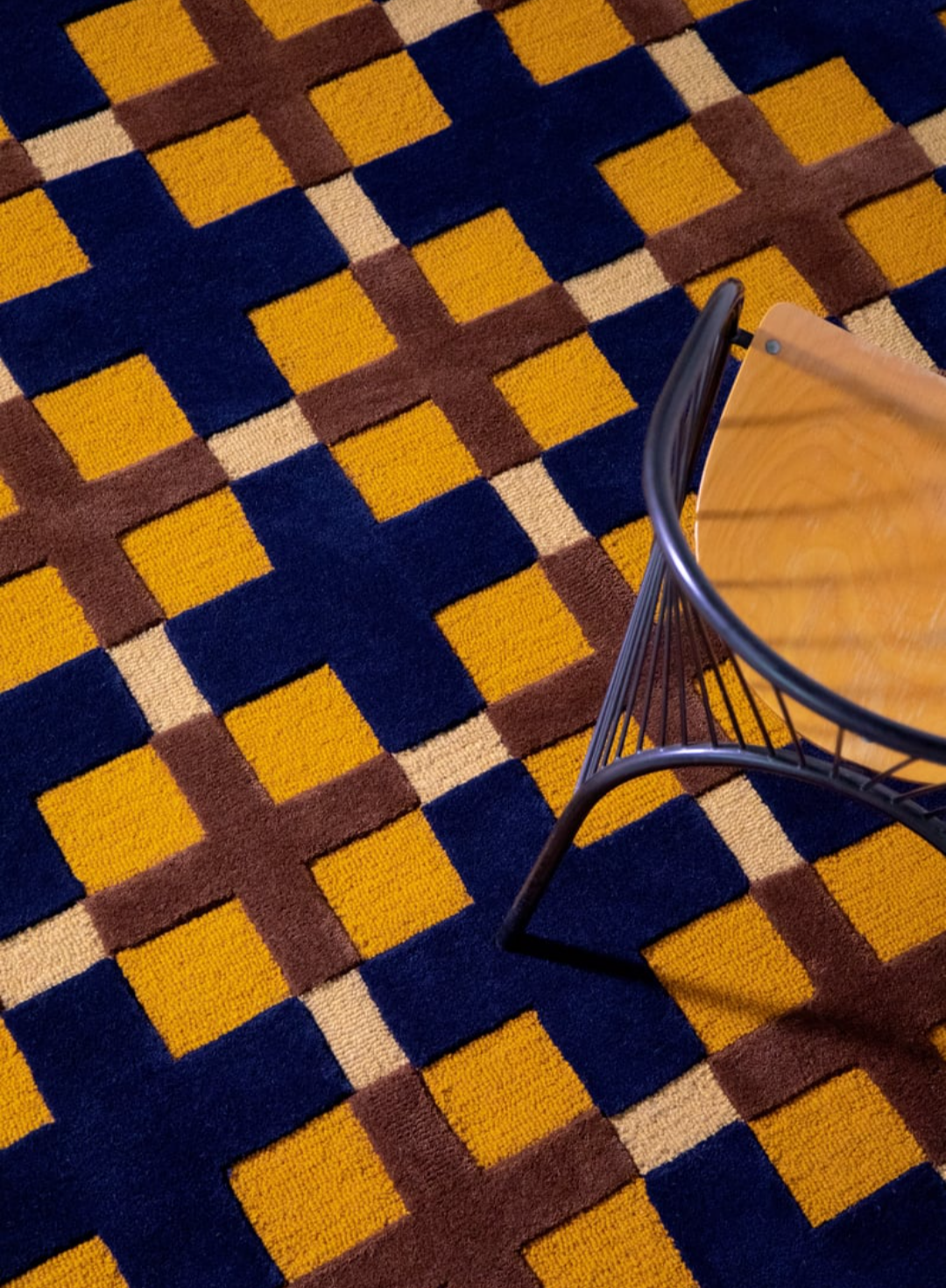 Modern Geometric Wool Rug – Handwoven Blue, Mustard & Brown Checkered Pattern for Living Room & Office Décor