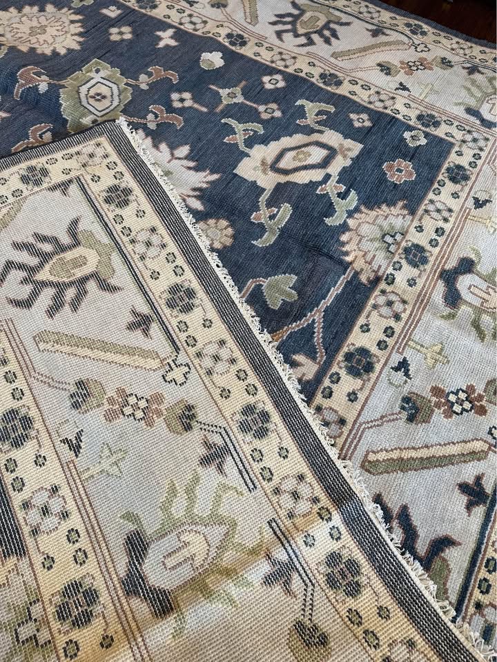 Luxury Hand-Knotted Oushak Rug – Deep Blue Turkish Wool Carpet with Floral Design