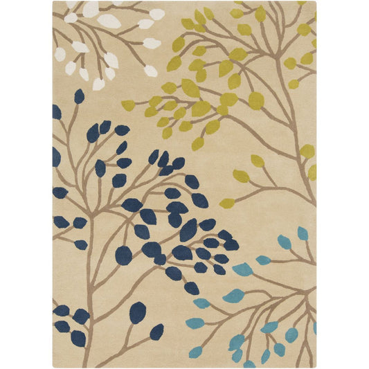 Beige Botanical Leaf Rug | Modern Floral Area Carpet with Blue, Green & White Accents for Living Room, Bedroom & Home Décor