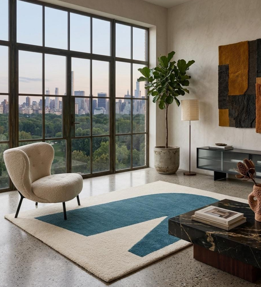 Modern Geometric Hand Tufted Rug – Luxury Cream & Teal Abstract Area Rug, Scandinavian Minimalist Wool Carpet, Contemporary Living Room Decor Rug