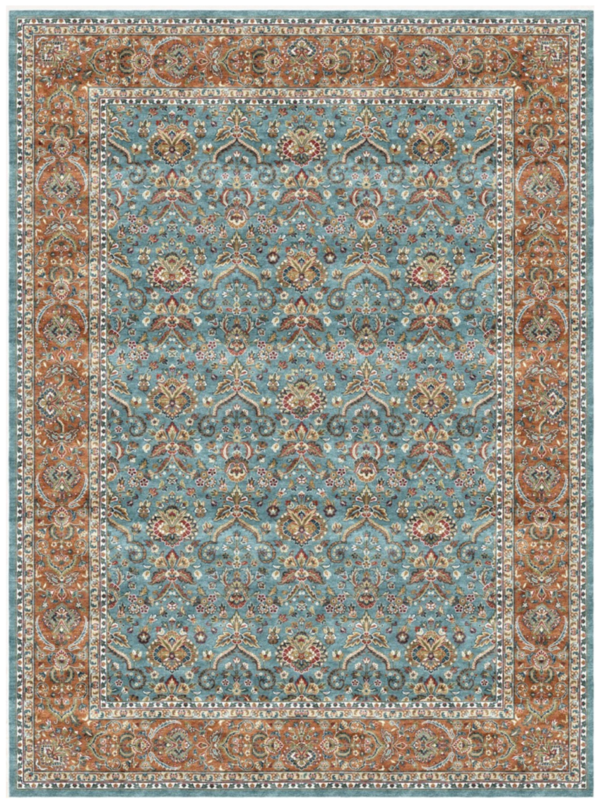 Luxury Persian Silk Area Rug – Sky Blue & Rust Floral Palace Design, Soft Shiny Finish, Premium Elegant Carpet for Living Room & Bedroom
