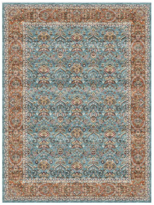 Luxury Persian Silk Area Rug – Sky Blue & Rust Floral Palace Design, Soft Shiny Finish, Premium Elegant Carpet for Living Room & Bedroom