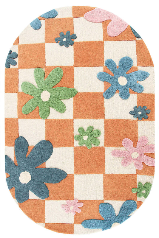 Retro Checkered Floral Rug – Colorful Oval Area Carpet, Boho Aesthetic Room Decor, Soft Handmade Floor Mat