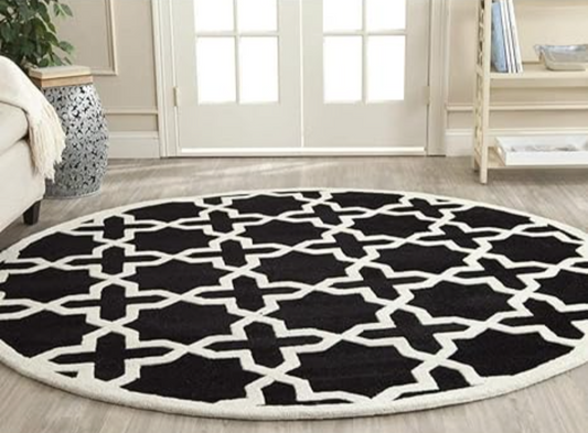 Black and White Round Moroccan Area Rug – Modern Geometric Carpet for Living Room, Bedroom, or Office