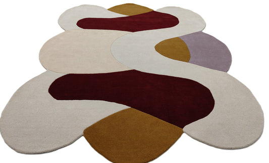 Abstract Modern Handmade Wool Rug – Colorful Organic Shape Area Carpet in Beige, Burgundy, Mustard & Lilac – Contemporary Designer Floor Decor
