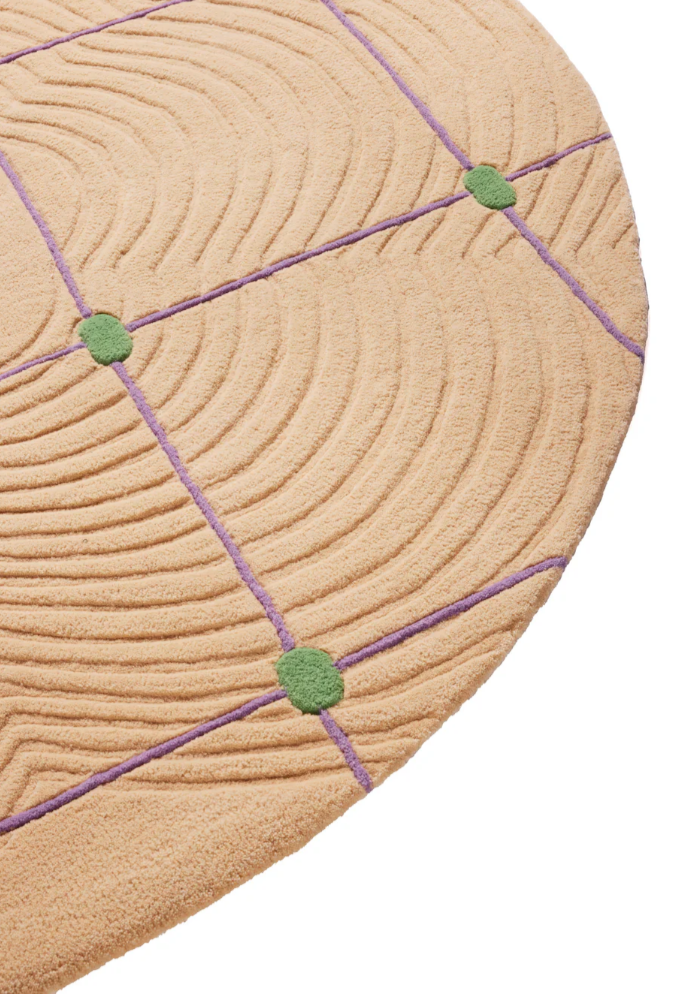 Round Beige Modern Area Rug – Hand-Tufted 3D Carved Grid Pattern with Purple Lines & Green Accents for Living Room or Bedroom Décor