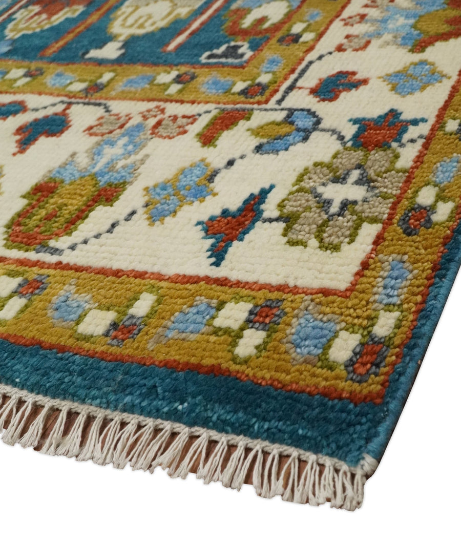 Hand-Knotted Oushak Rug in Teal Blue – Authentic Turkish Wool Oriental Carpet