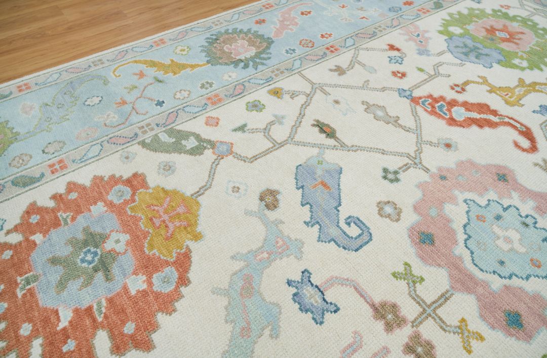Light Blue Handknotted Oushak Rug – Soft Pastel Turkish Wool Carpet | Traditional Floral Design Area Rug for Living Room & Bedroom Decor