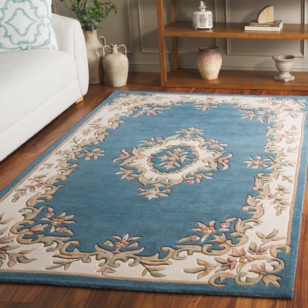 Elegant Blue Aubusson Area Rug – Handcrafted Floral Wool Carpet for Living Room & Bedroom Décor