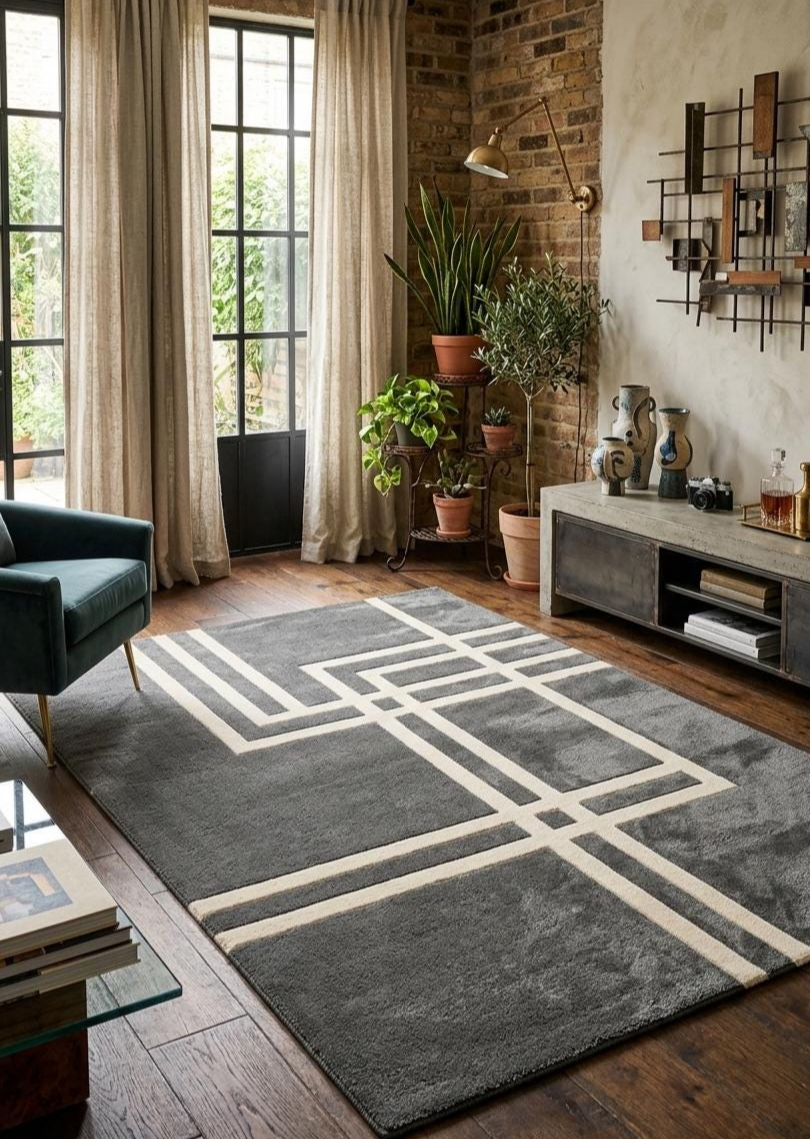 Modern Geometric Hand Tufted Rug, Charcoal Gray Area Rug, Scandinavian Minimalist Wool Carpet, Contemporary Living Room Rug, Abstract Line Design Rug