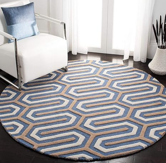 Modern Round Geometric Carpet – Blue, Beige & White Patterned Rug for Living Room & Bedroom – Soft Designer Floor Mat