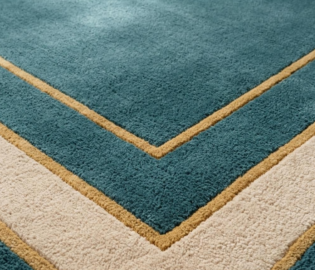 Luxury Emerald Green Hand Tufted Rug, Modern Art Deco Area Rug, Teal Gold Border Carpet, Contemporary Living Room Rug, Custom Handmade Rug, Plush Wool Rug, Minimalist Home Decor Rug