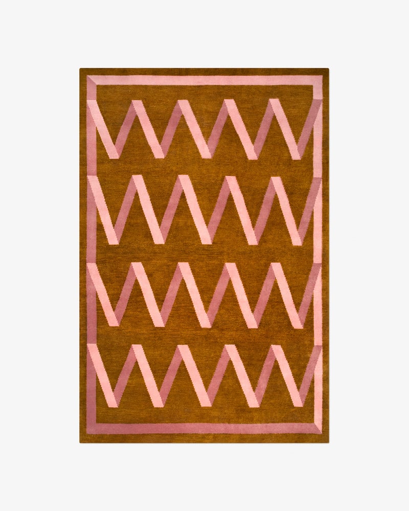 Modern Hand Tufted Geometric Zigzag Rug in Mustard Brown with Blush Pink Border – Contemporary Abstract Designer Area Rug for Living Room & Bedroom Decor