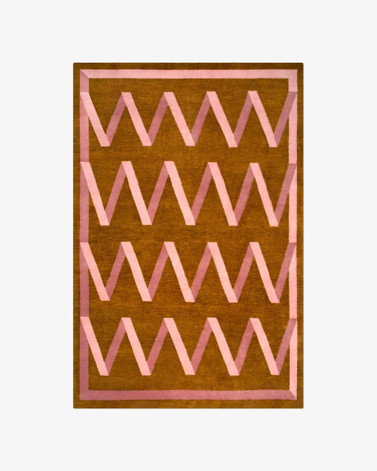 Modern Hand Tufted Geometric Zigzag Rug in Mustard Brown with Blush Pink Border – Contemporary Abstract Designer Area Rug for Living Room & Bedroom Decor