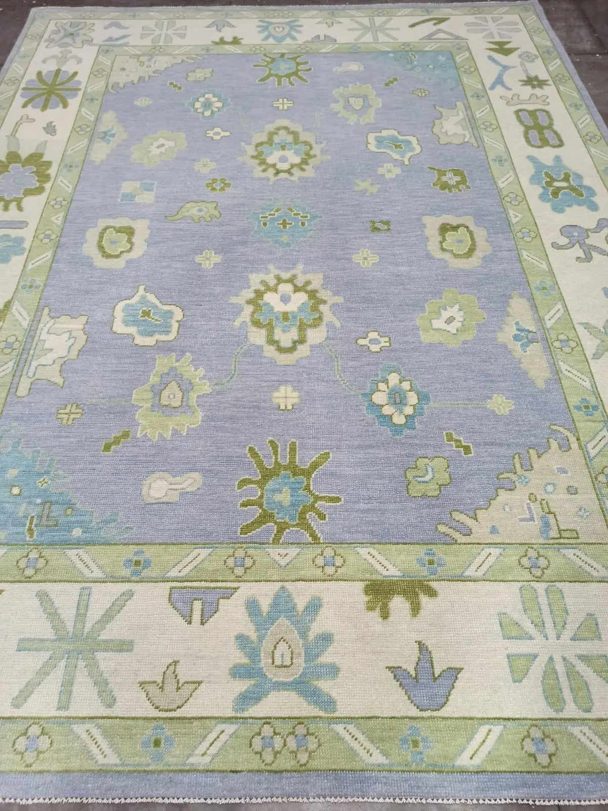 Light Blue & Green Hand Knotted Oushak Rug – Modern Turkish Wool Carpet | Soft Pastel Floral Area Rug for Living Room, Bedroom & Home Decor