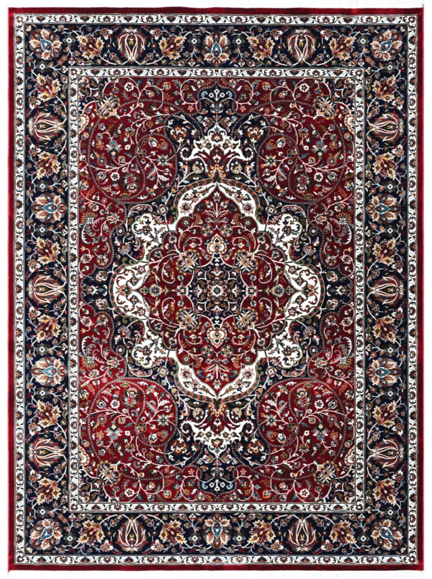 Luxury Persian Silk Rug with Classic Medallion Design – Elegant Red & Navy Decorative Carpet
