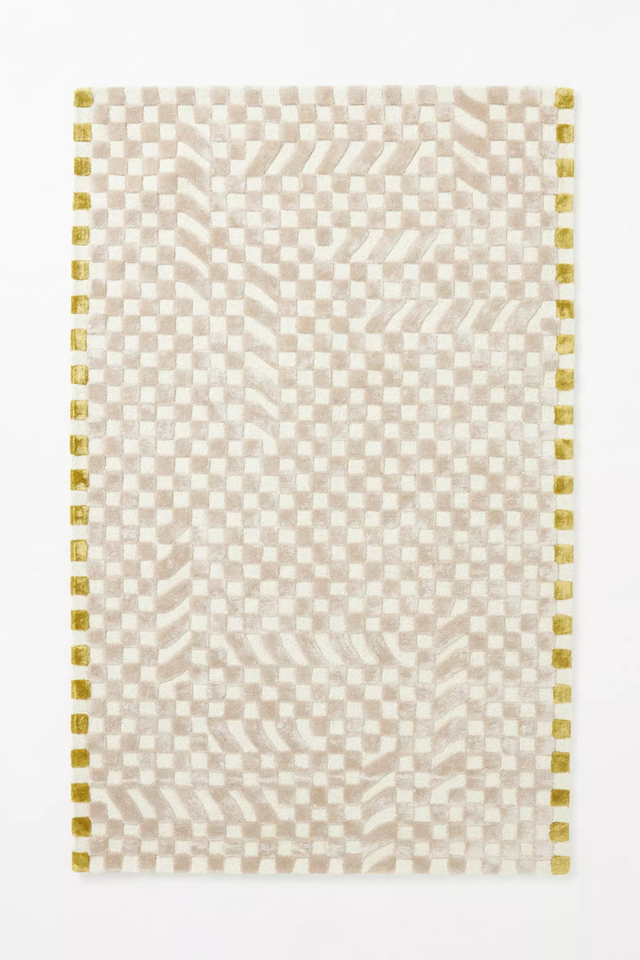 Modern Neutral Hand Tufted Wool Area Rug – Beige & Ivory Checkered Geometric Carpet, Contemporary Minimalist Handmade Rug for Living Room, Bedroom & Dining Room