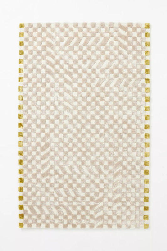 Modern Neutral Hand Tufted Wool Area Rug – Beige & Ivory Checkered Geometric Carpet, Contemporary Minimalist Handmade Rug for Living Room, Bedroom & Dining Room